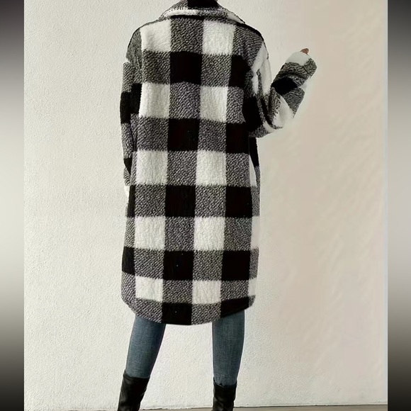 Plaid Pattern Teddy Coat, Casual Button Front Long Sleeve Outerwear, - Picture 5 of 5